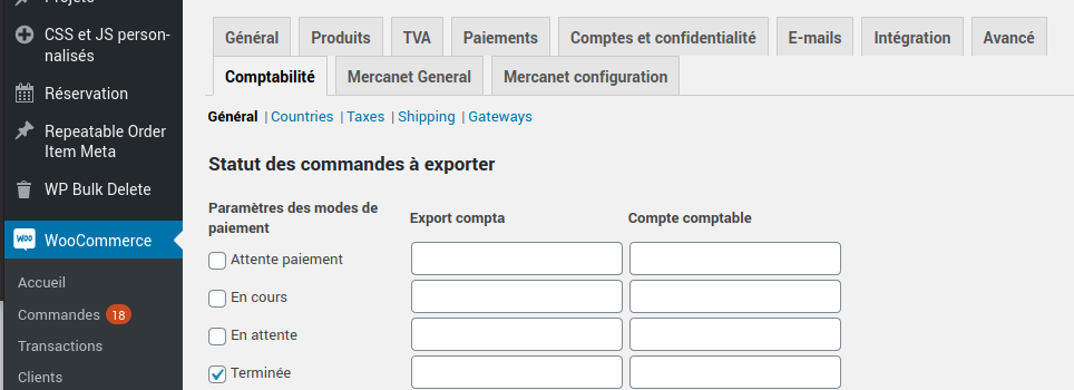 Comptabilité pour Woocommerce : menu