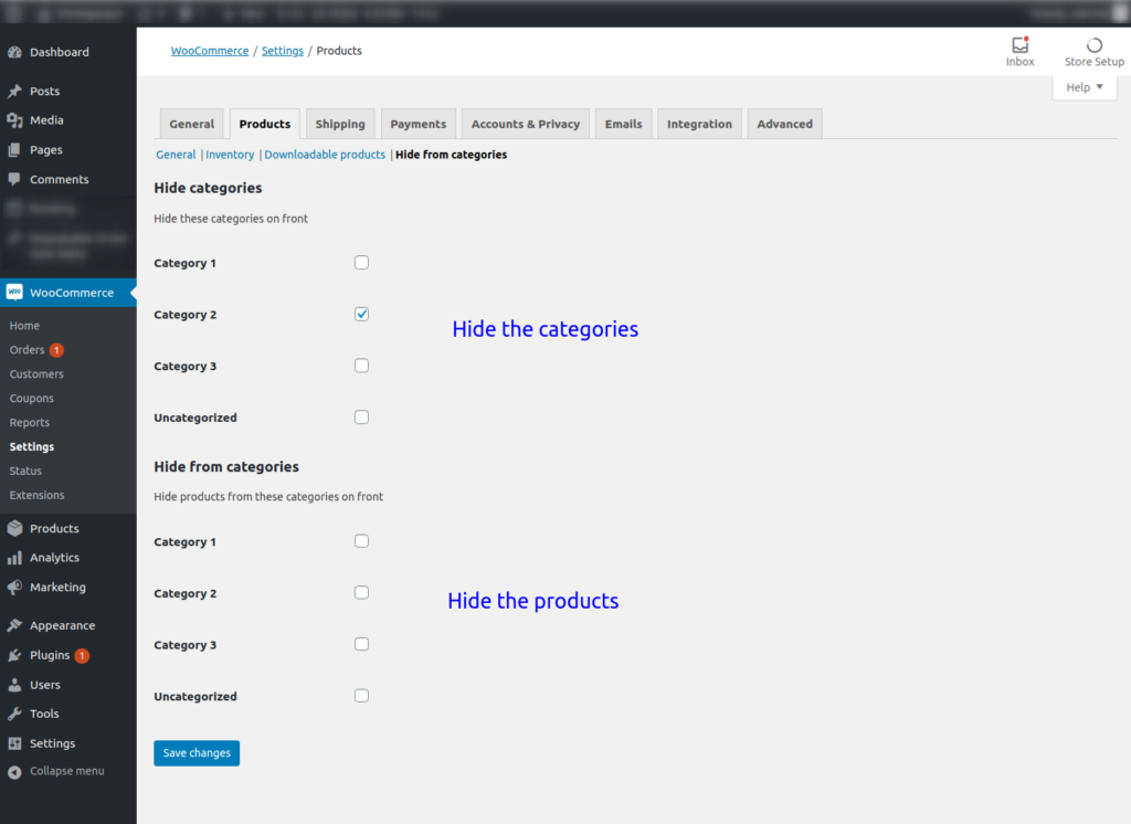 Capture ecran extension Masquer les catégories et produits sur Woocommerce