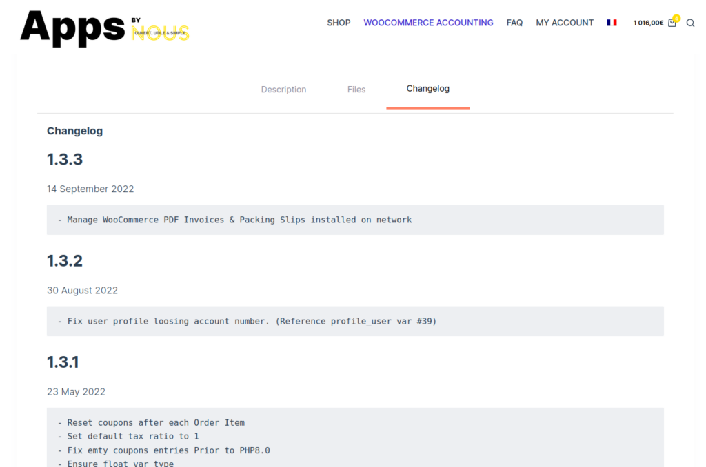 Capture écran Woocommerce Product Changelog